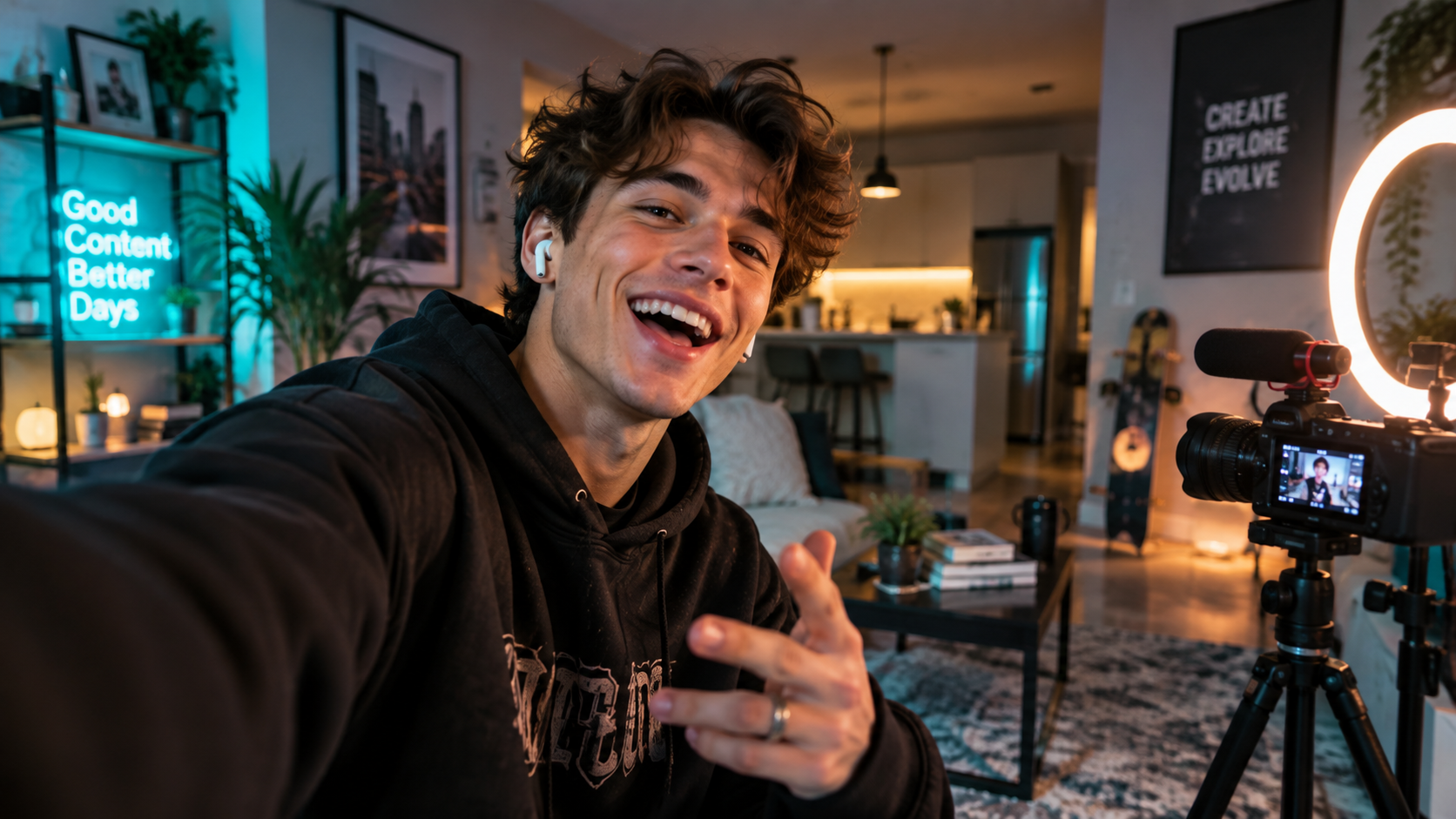 Young content creator laughing mid-vlog with ring light and camera gear
